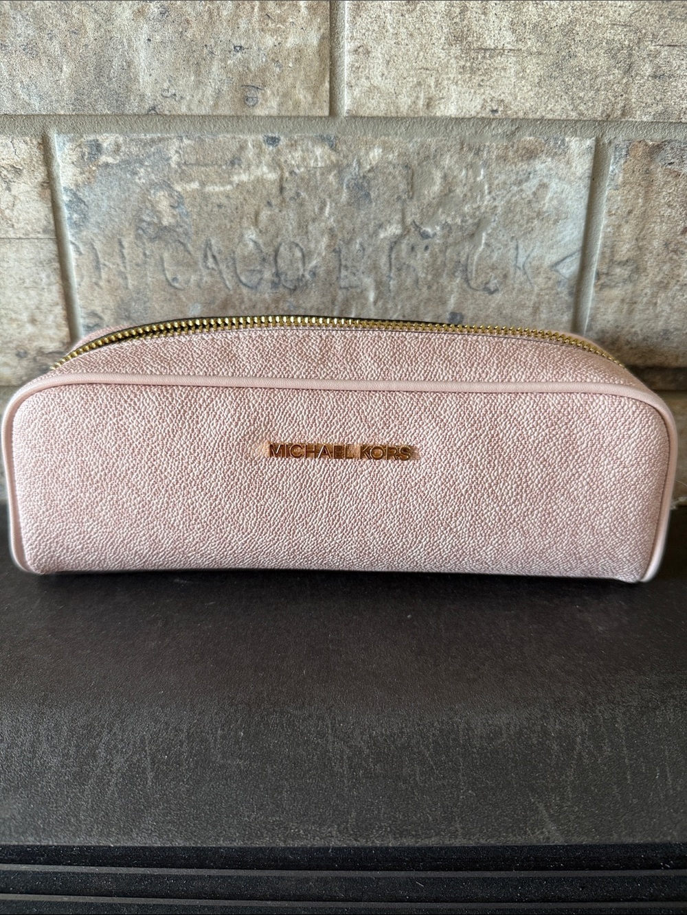 Michael Kors Light Pink Pebbled Leather Cosmetic Pouch with Gold Hardware